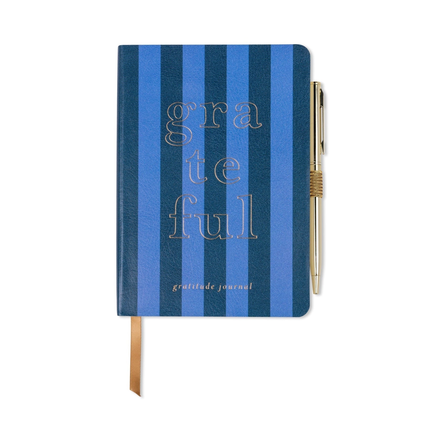 A blue striped gratitude journal with "grateful" on the cover, a gold pen attached to the side, and a brown ribbon bookmark—ideal for mindful moments in this vegan leather diary.