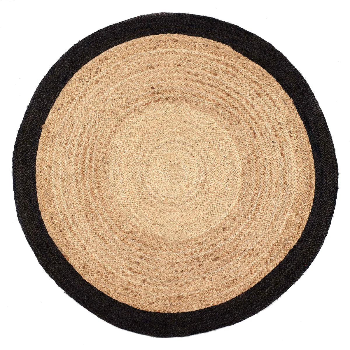A round woven jute rug featuring a natural tan centre and a solid black border—ideal for eco-conscious flooring and sustainable style.