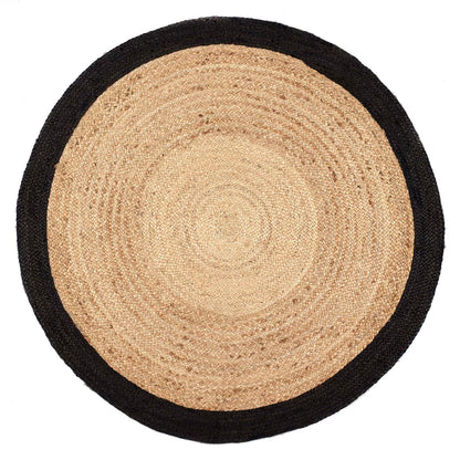 A round woven jute rug featuring a natural tan centre and a solid black border—ideal for eco-conscious flooring and sustainable style.