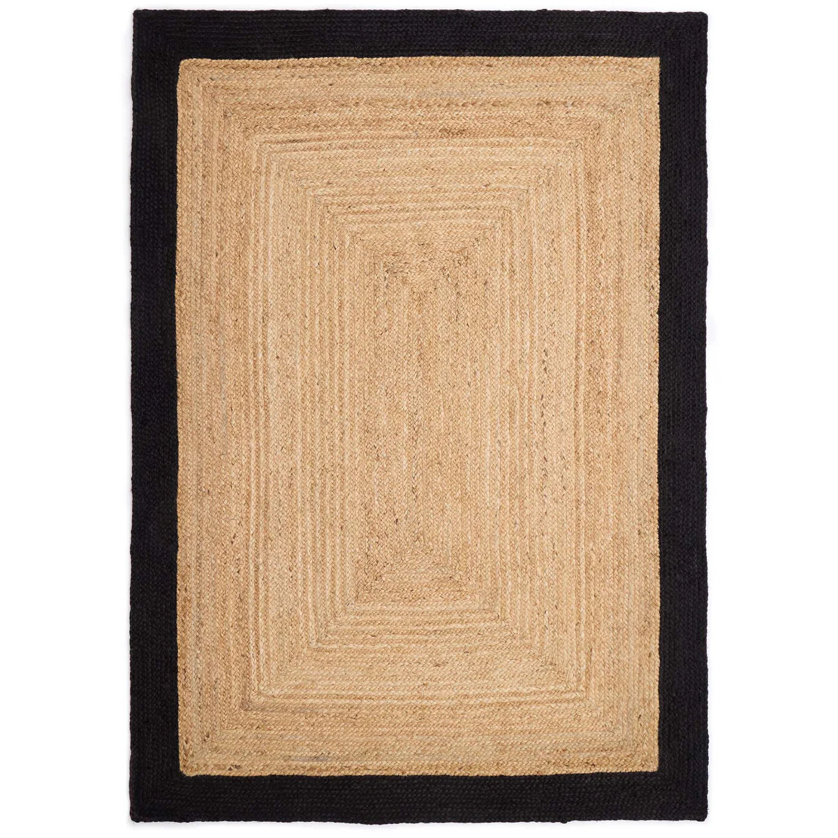 Rectangular jute rug featuring a natural centre and a broad black border on all sides, set against a white background—an excellent option for sustainable, eco-conscious flooring.