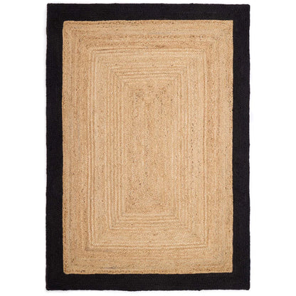 Rectangular jute rug featuring a natural centre and a broad black border on all sides, set against a white background—an excellent option for sustainable, eco-conscious flooring.