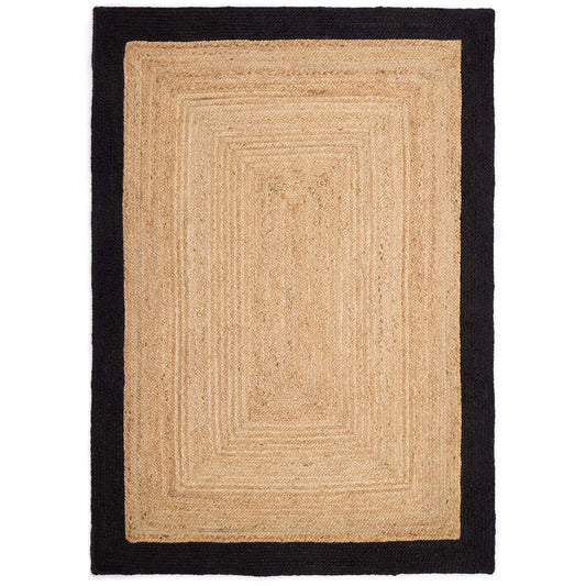Rectangular jute rug featuring a natural centre and a broad black border on all sides, set against a white background—an excellent option for sustainable, eco-conscious flooring.