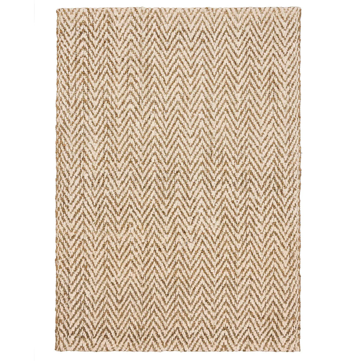 Rectangular handmade rug showcasing a beige and brown chevron pattern on a flat, textured surface with a subtle herringbone weave.