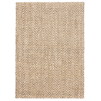 Rectangular handmade rug showcasing a beige and brown chevron pattern on a flat, textured surface with a subtle herringbone weave.