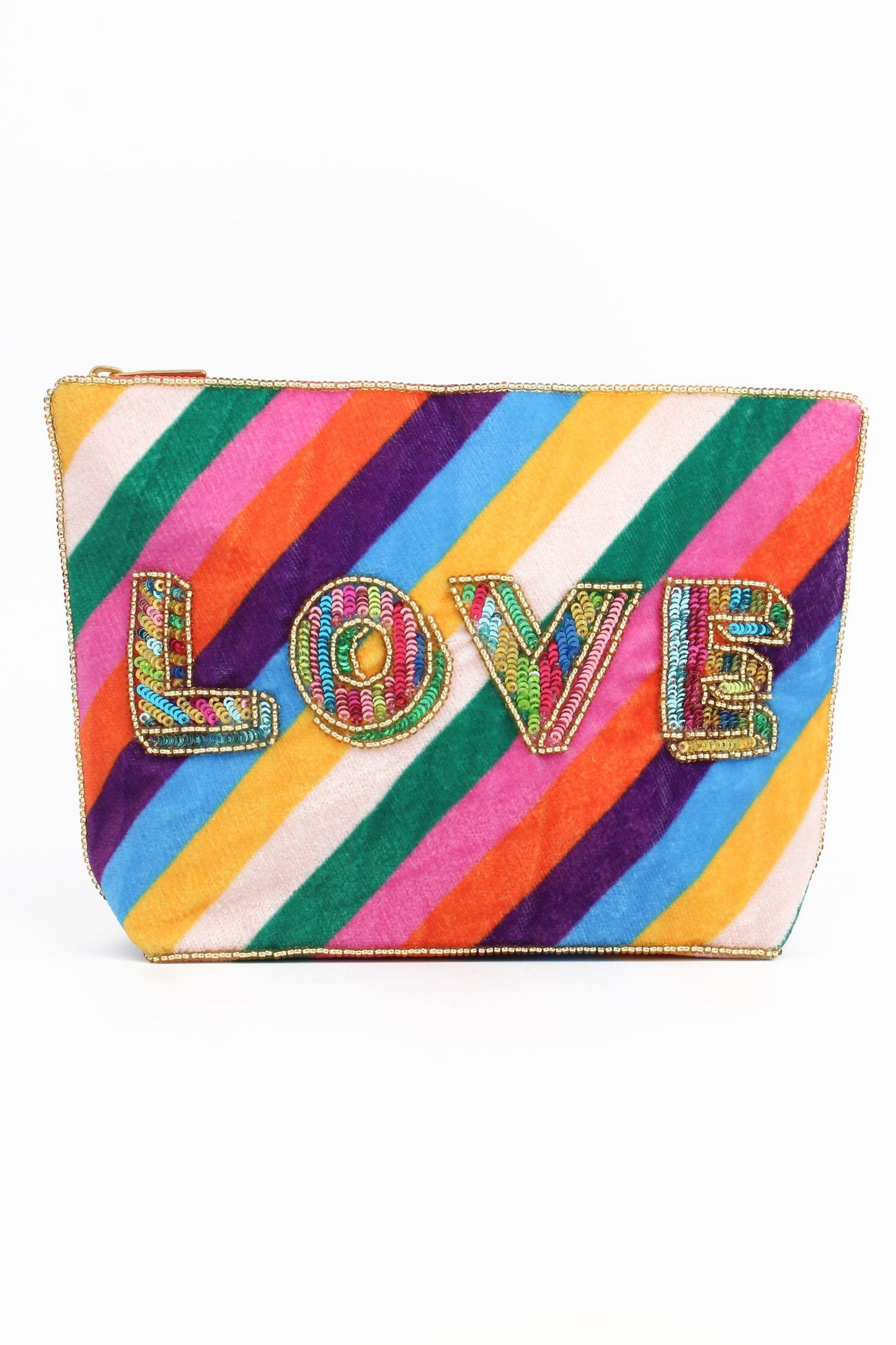A handcrafted accessory, this zipped pouch features diagonal rainbow stripes and the word LOVE in large, colourful beaded letters on the front.