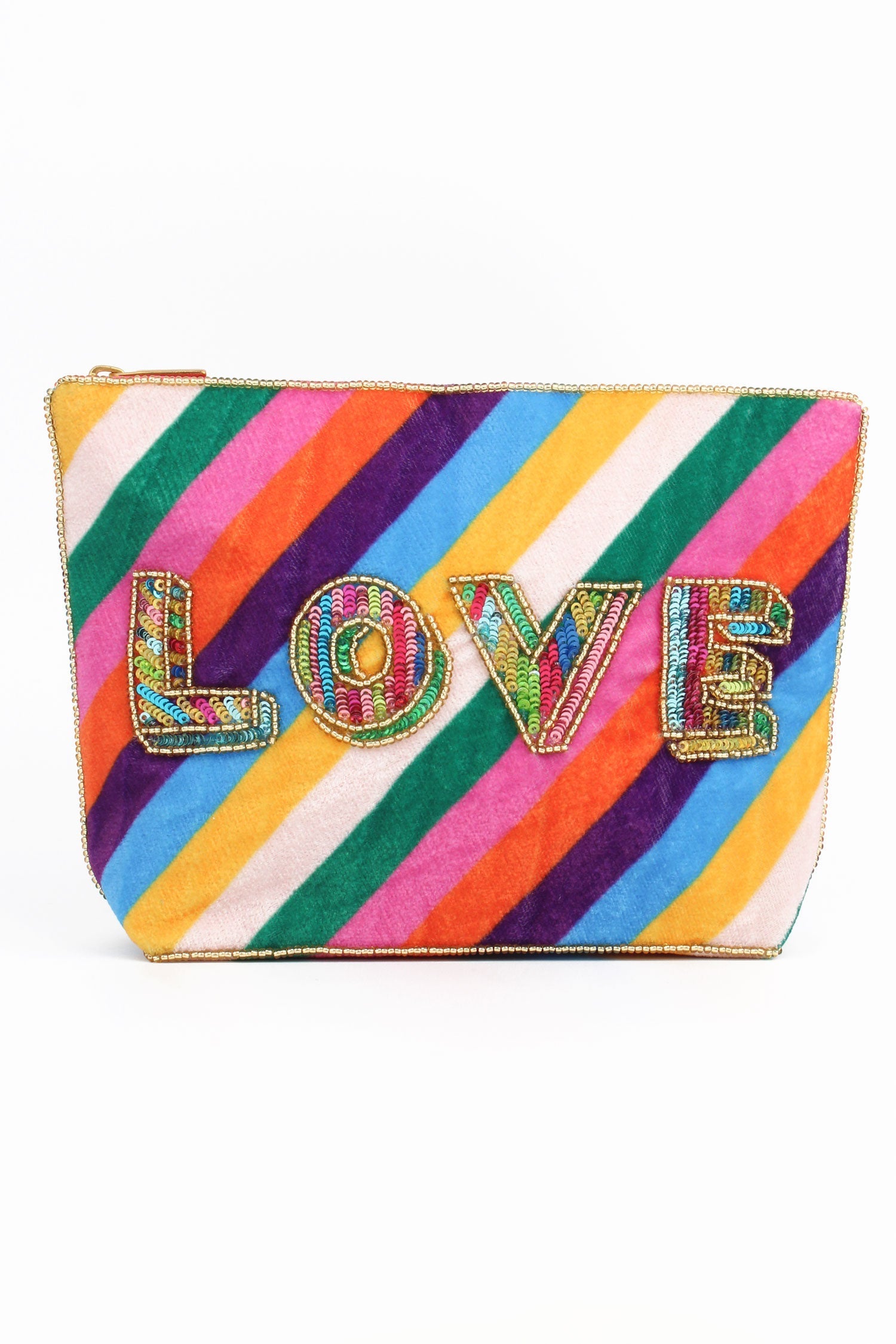 A handcrafted accessory, this zipped pouch features diagonal rainbow stripes and the word LOVE in large, colourful beaded letters on the front.
