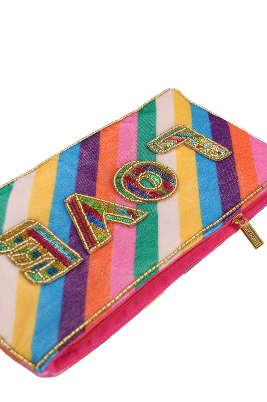 A vibrant rainbow stripe pouch, this colourful clutch features beaded letters spelling LOVE on the front and a gold zip pull.