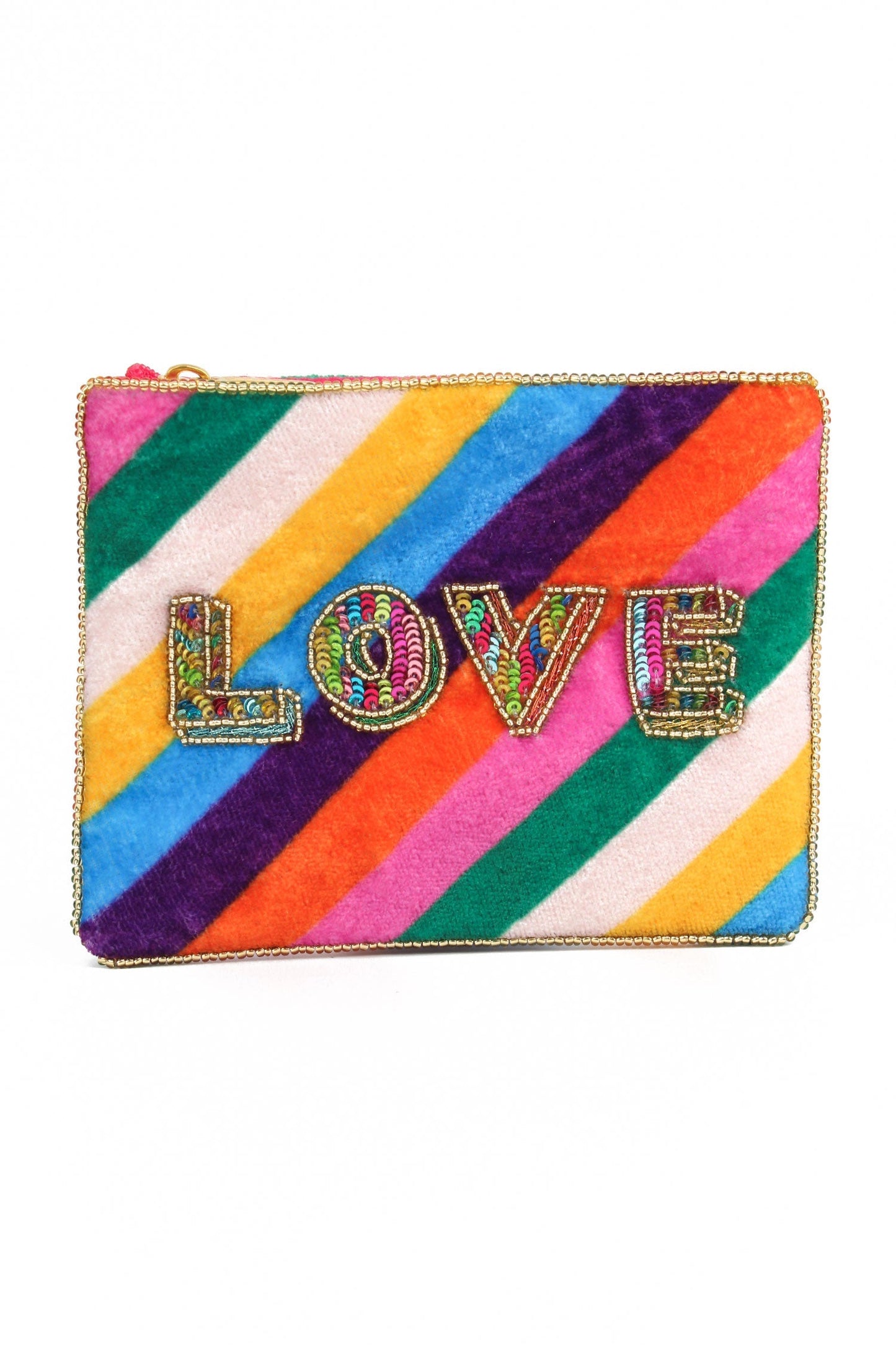 A handcrafted small pouch featuring diagonal rainbow stripes and the word LOVE spelled out in colourful, beaded letters on the front.