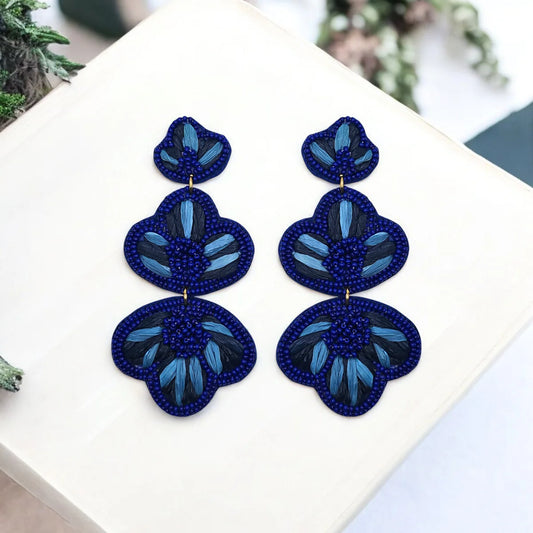 Blue Ombre Raffia & Beaded Magnolia Double Drop Earrings