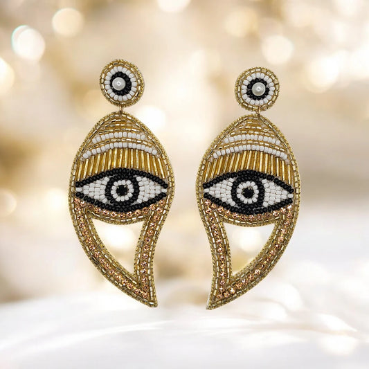 Gold Beaded Wave Eye Earrings