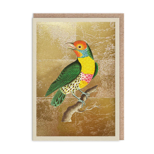 Illustration of a Lemon-Throated Barbet with green wings, red head, and yellow chest, perched on a branch against a gold-tinted background—ideal for bird enthusiasts or as a vibrant greetings card.