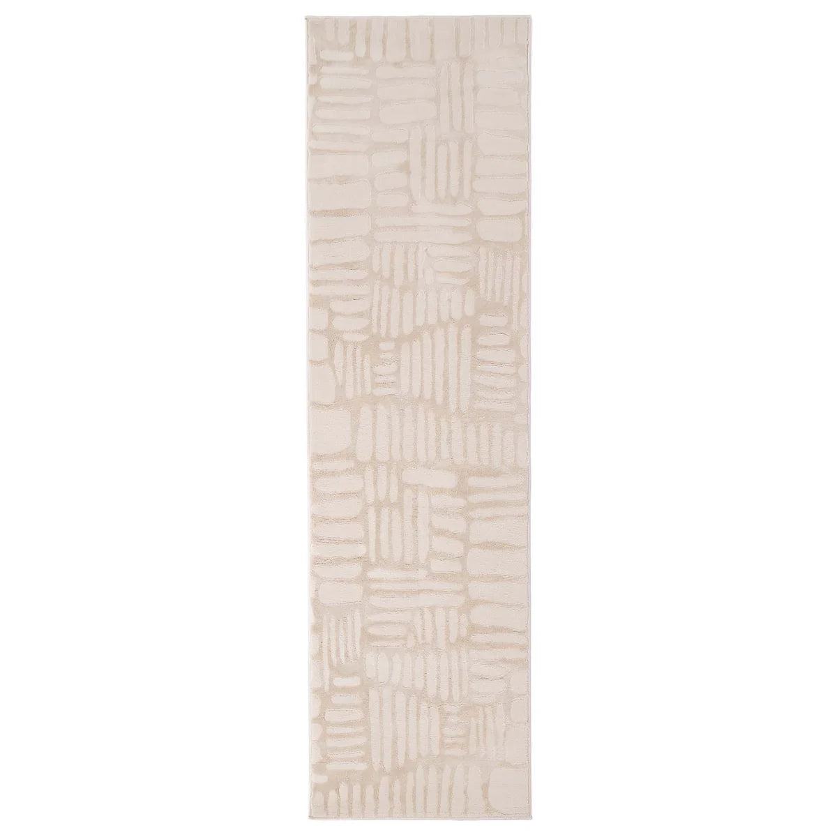 A modern abstract rug, this rectangular beige piece features a subtle, irregular geometric pattern in slightly darker and lighter shades.