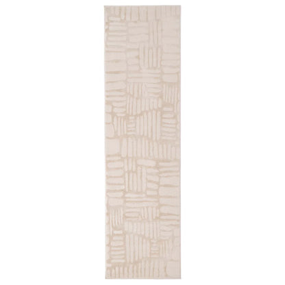 A modern abstract rug, this rectangular beige piece features a subtle, irregular geometric pattern in slightly darker and lighter shades.