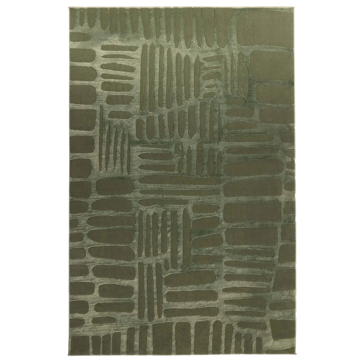 Rectangular modern abstract rug in green with an overlapping pattern of irregular vertical and horizontal bars in various shades, featuring a non-slip backing for added safety.