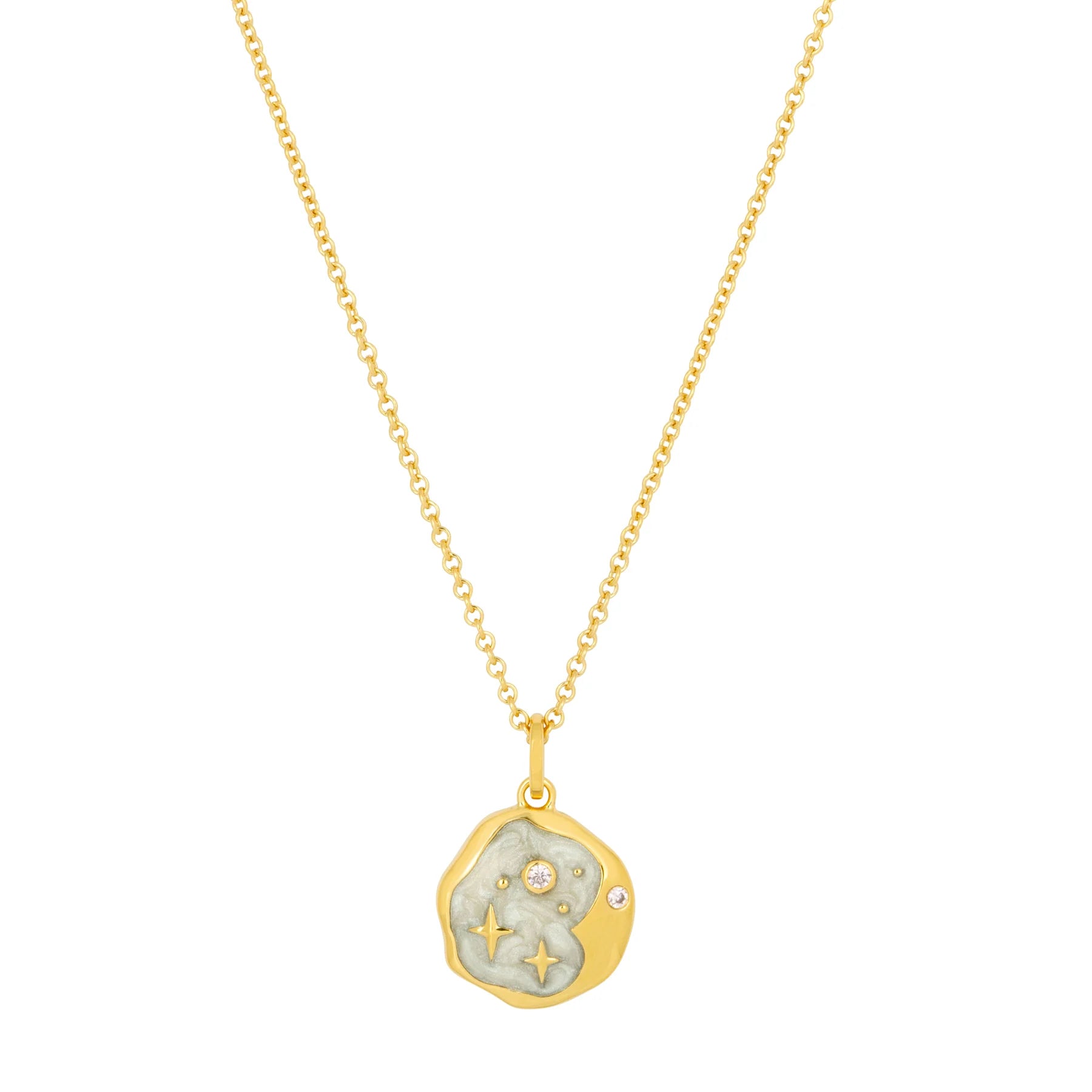 Gold chain necklace with a round, textured pendant adorned with tiny embedded crystals and engraved star motifs—an elegant piece of celestial jewellery reminiscent of a Starry Night Gold Necklace.