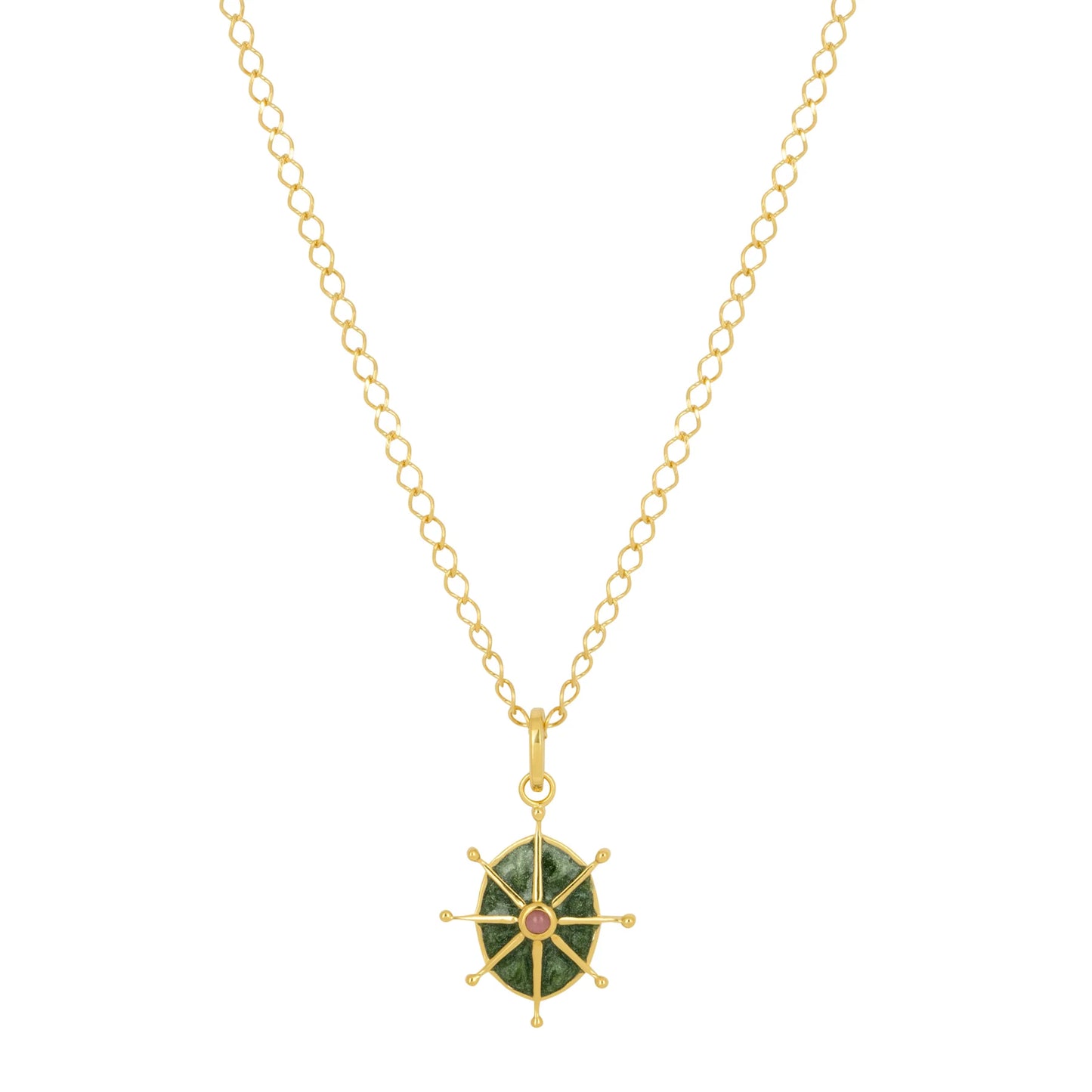 Gold chain necklace with a pendant in the shape of a ship’s wheel, highlighted by green and red accents—an elegant take on the classic green enamel necklace.