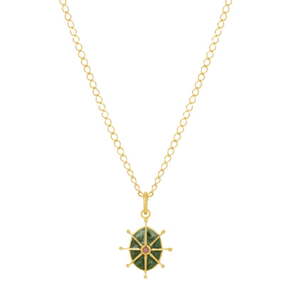 Gold chain necklace with a pendant in the shape of a ship’s wheel, highlighted by green and red accents—an elegant take on the classic green enamel necklace.