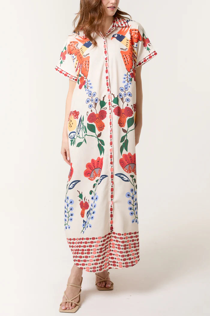 Parrot & Flowers Button-Through Maxi Dress