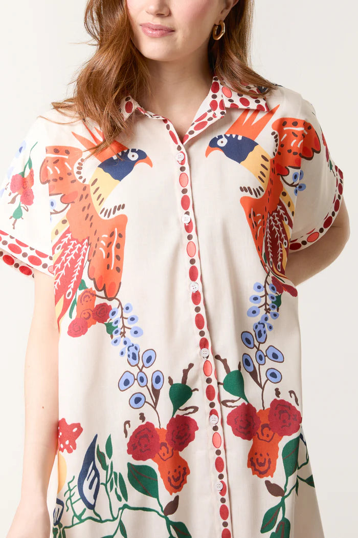 Parrot & Flowers Button-Through Maxi Dress