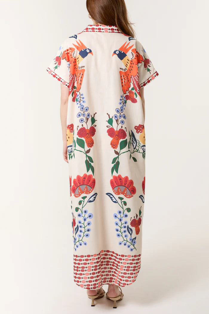 Parrot & Flowers Button-Through Maxi Dress