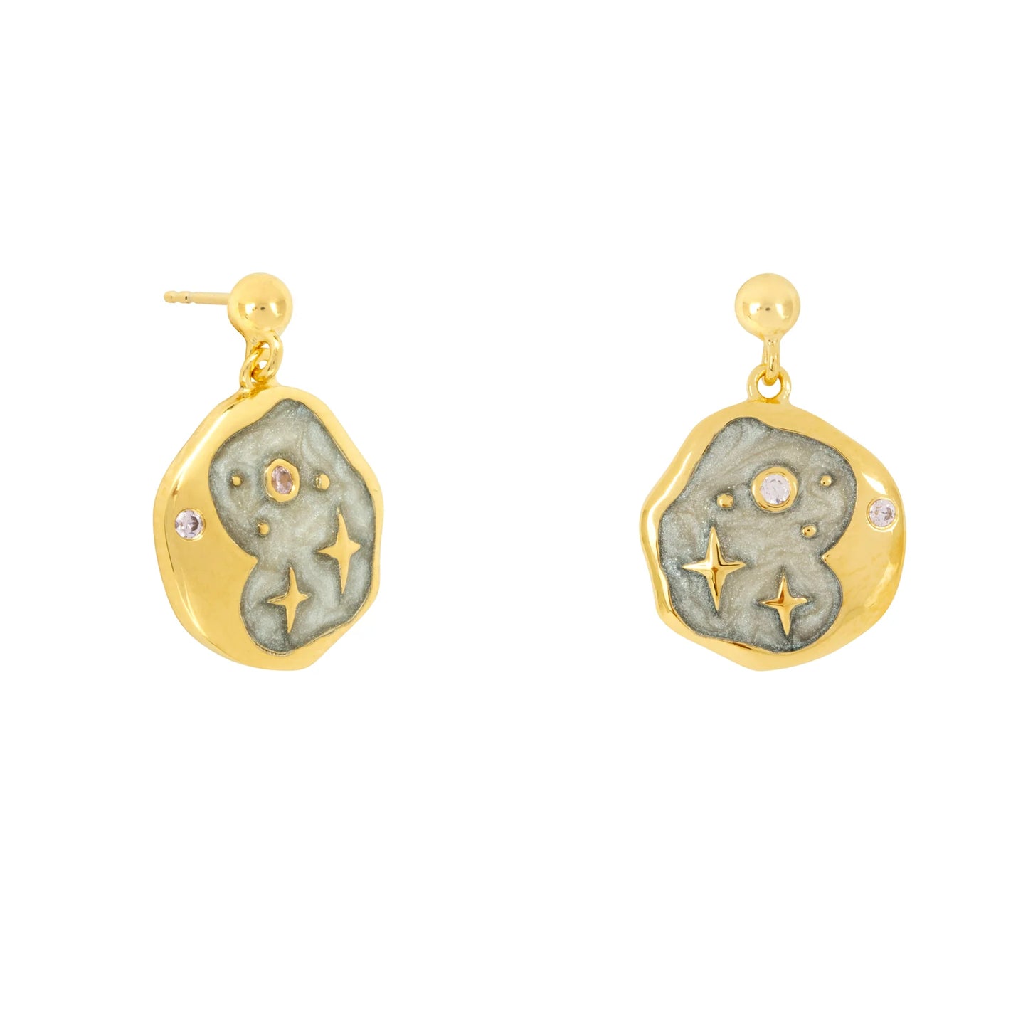 A pair of gold drop earrings with irregularly shaped, greyish-green centres adorned with tiny embedded gems and star-shaped details—ideal for enthusiasts of celestial jewellery.