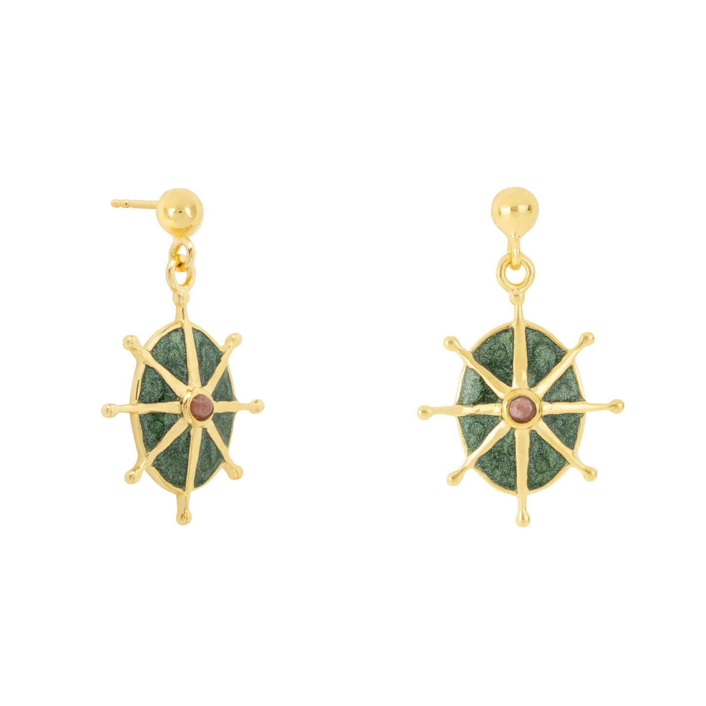 A pair of emerald green star stud earrings showcasing green oval stones with gold spokes radiating outwards and a small central pink accent, crafted from hypoallergenic materials.