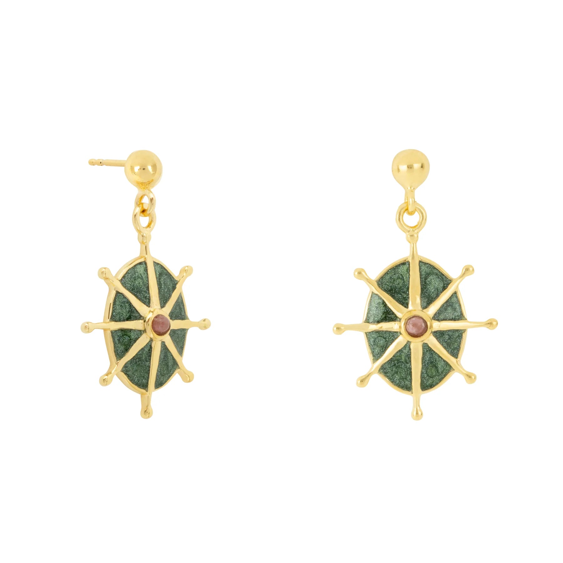 A pair of emerald green star stud earrings showcasing green oval stones with gold spokes radiating outwards and a small central pink accent, crafted from hypoallergenic materials.