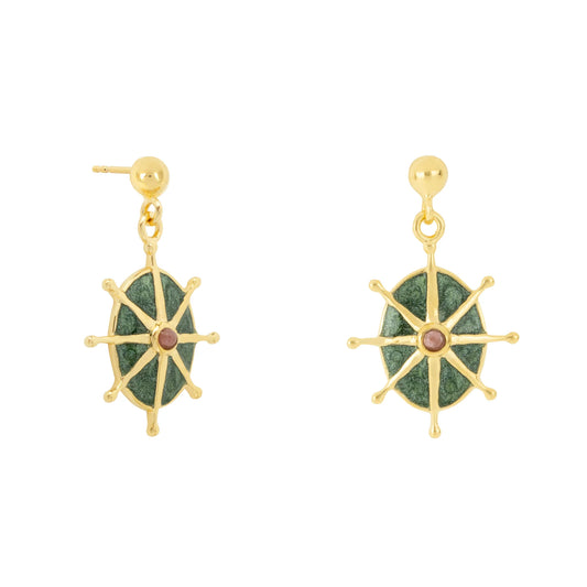 A pair of emerald green star stud earrings showcasing green oval stones with gold spokes radiating outwards and a small central pink accent, crafted from hypoallergenic materials.
