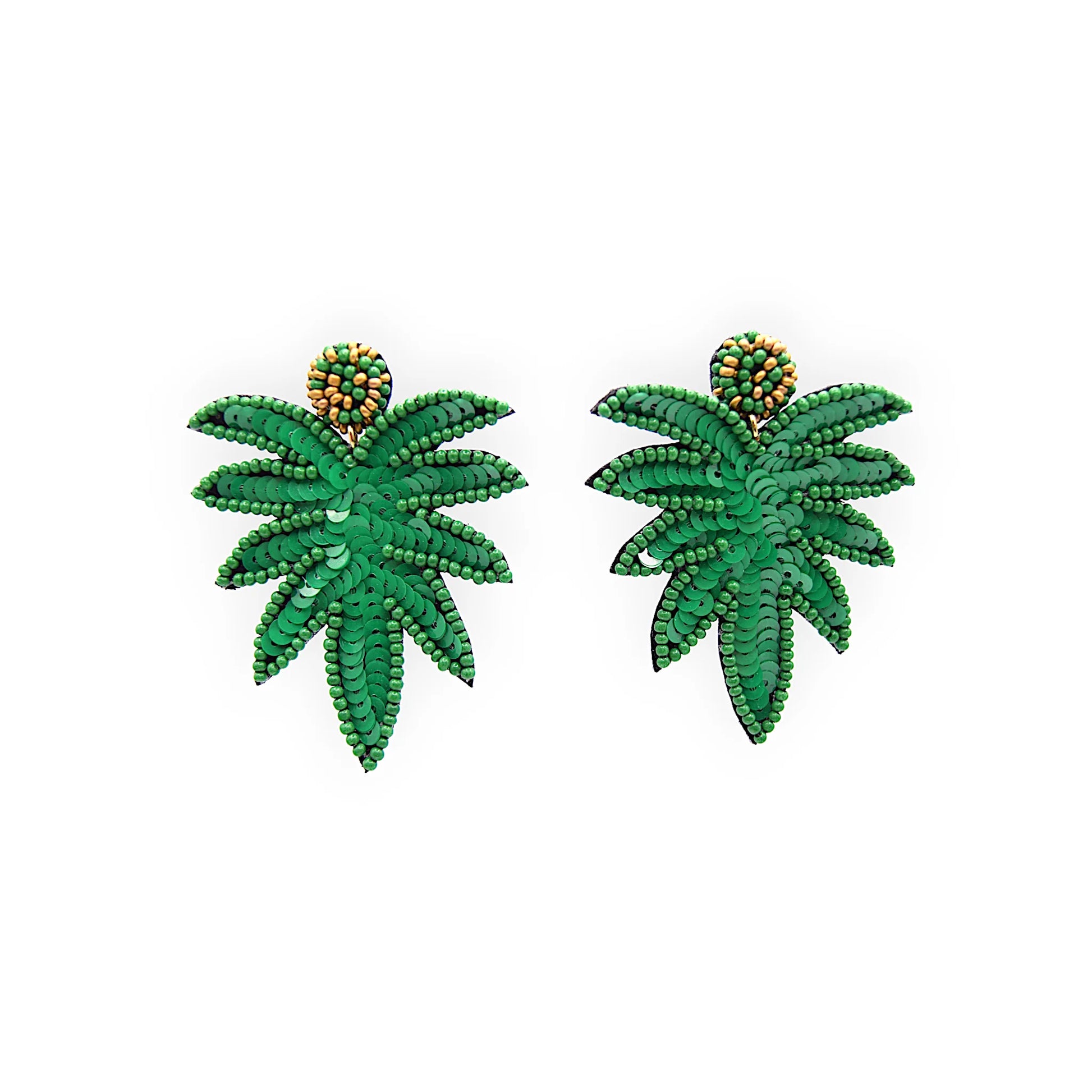 A pair of green sequin and beaded earrings shaped like tropical palm leaves, featuring small orange and green beaded accents at the top for a vibrant, tropical design.