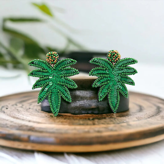 Green Sequin & Beaded Palm Leaf Earrings