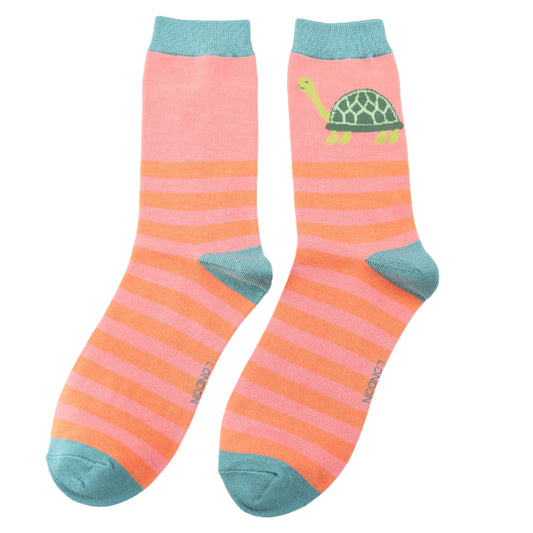 A pair of pink and orange striped vegan socks with teal heels, toes and cuffs, featuring a playful turtle and stripe motif near the top.
