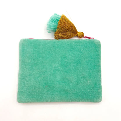 A rectangular teal fabric pouch with a zip fastening and a two-tone tassel in teal and gold attached to the zip pull—this Ey Up Duck pouch is a delightful British slang gift, shown against a white background.
