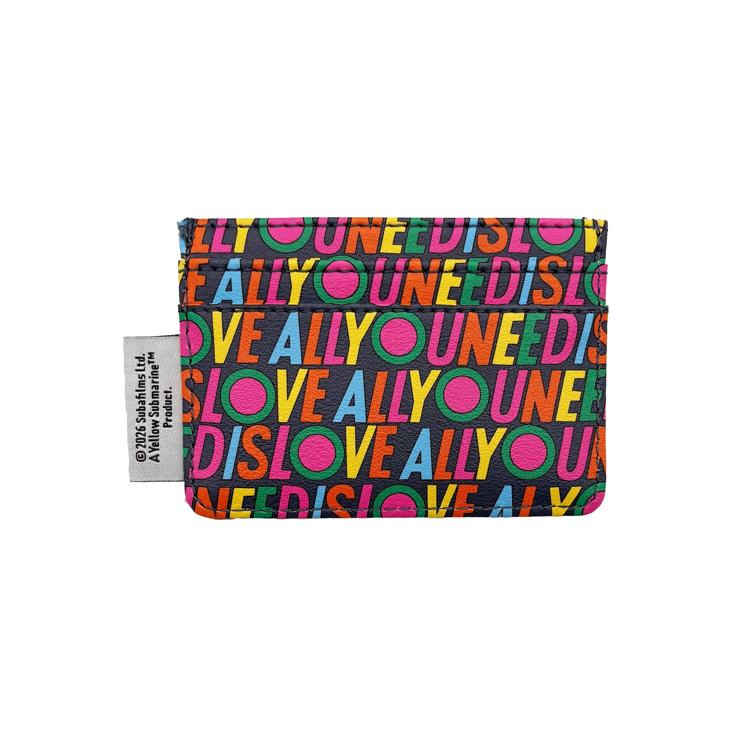 A retro cardholder featuring a colourful repeating pattern of the words LOVE, ALLY, and ONE in bold letters on a black background—a music-inspired accessory ideal for fans of classic style.