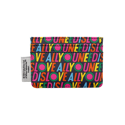 A retro cardholder featuring a colourful repeating pattern of the words LOVE, ALLY, and ONE in bold letters on a black background—a music-inspired accessory ideal for fans of classic style.