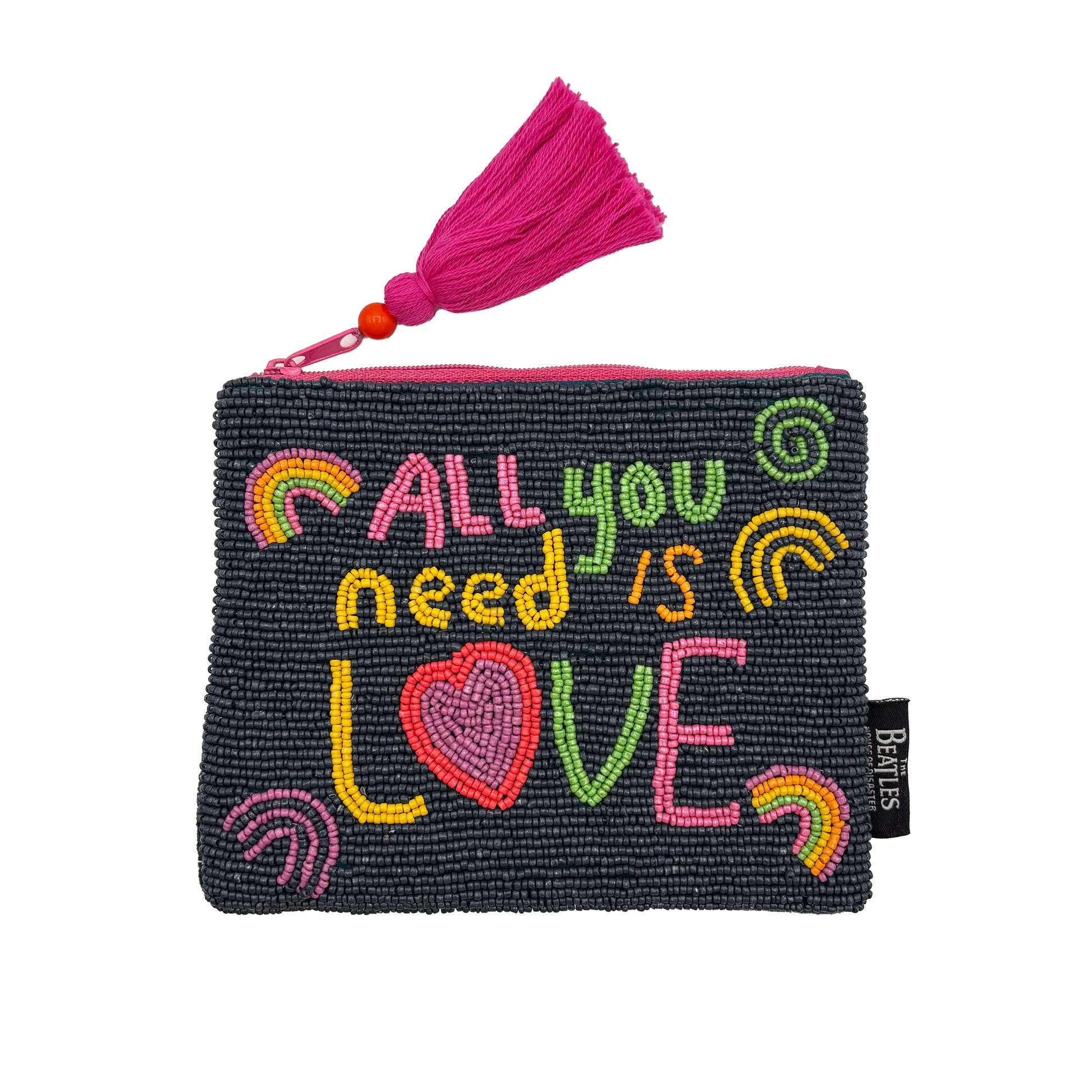A beaded pouch with a pink tassel, displaying the phrase All You Need Is Love in colourful letters and rainbow patterns—a perfect Beatles accessory for any fan.