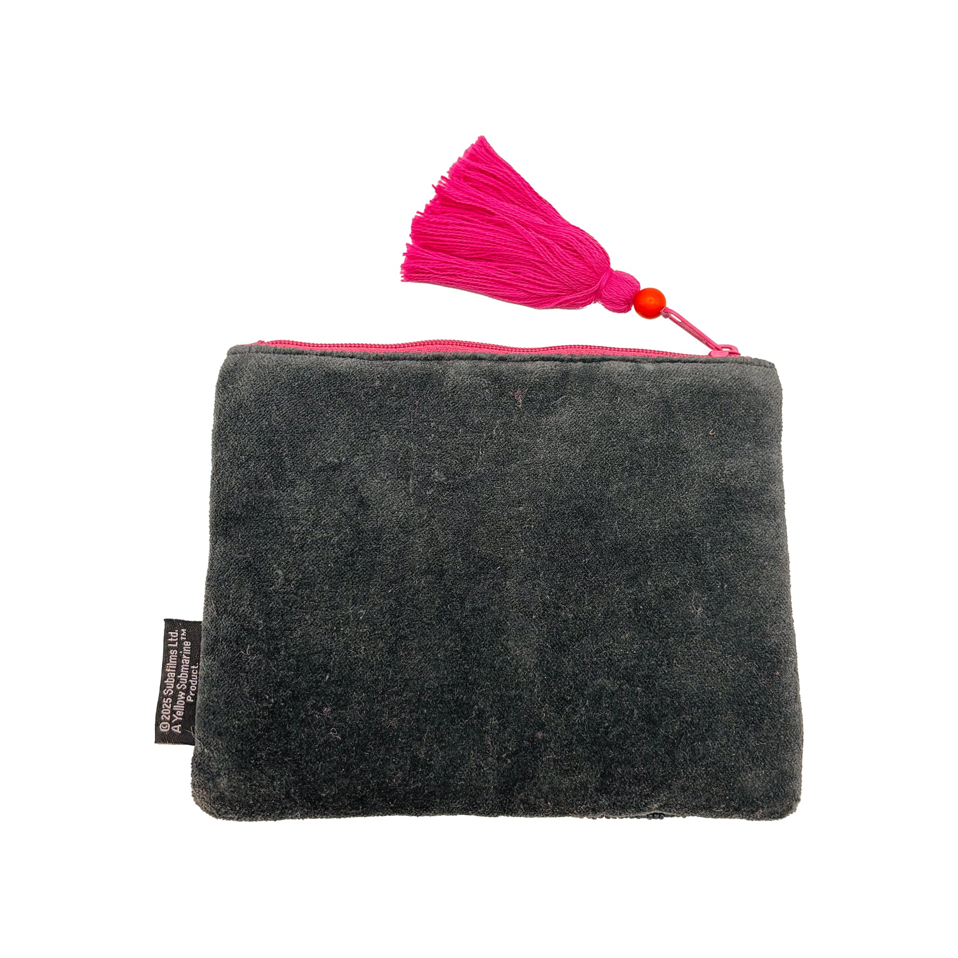 A small, rectangular dark grey beaded pouch with a pink zip and a pink tassel attached, shown on a white background—a stylish Beatles accessory for any fan.