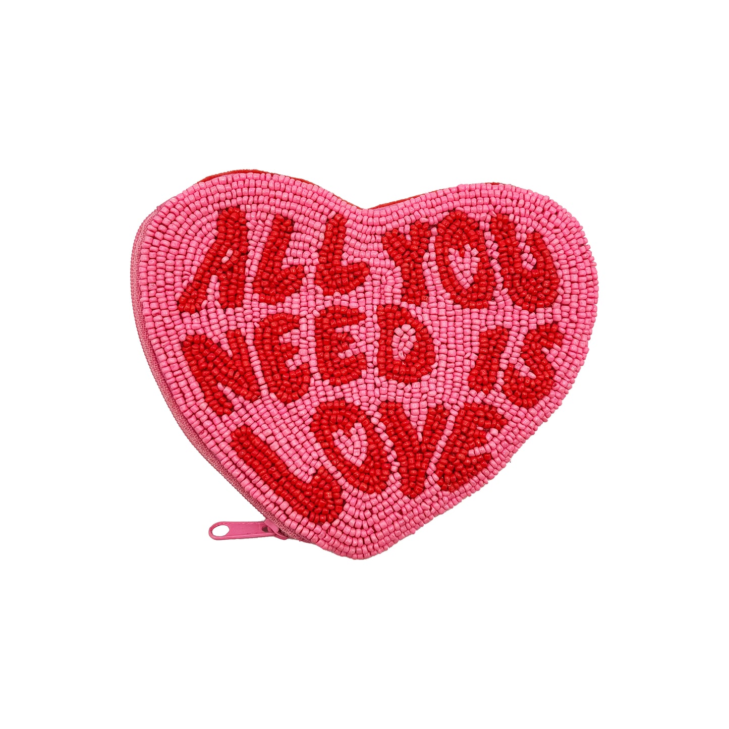 A pink, Beatles heart-shaped purse with red beaded lettering that reads ALL YOU NEED IS LOVE and a zip on the left side—ideal as a music-inspired accessory.