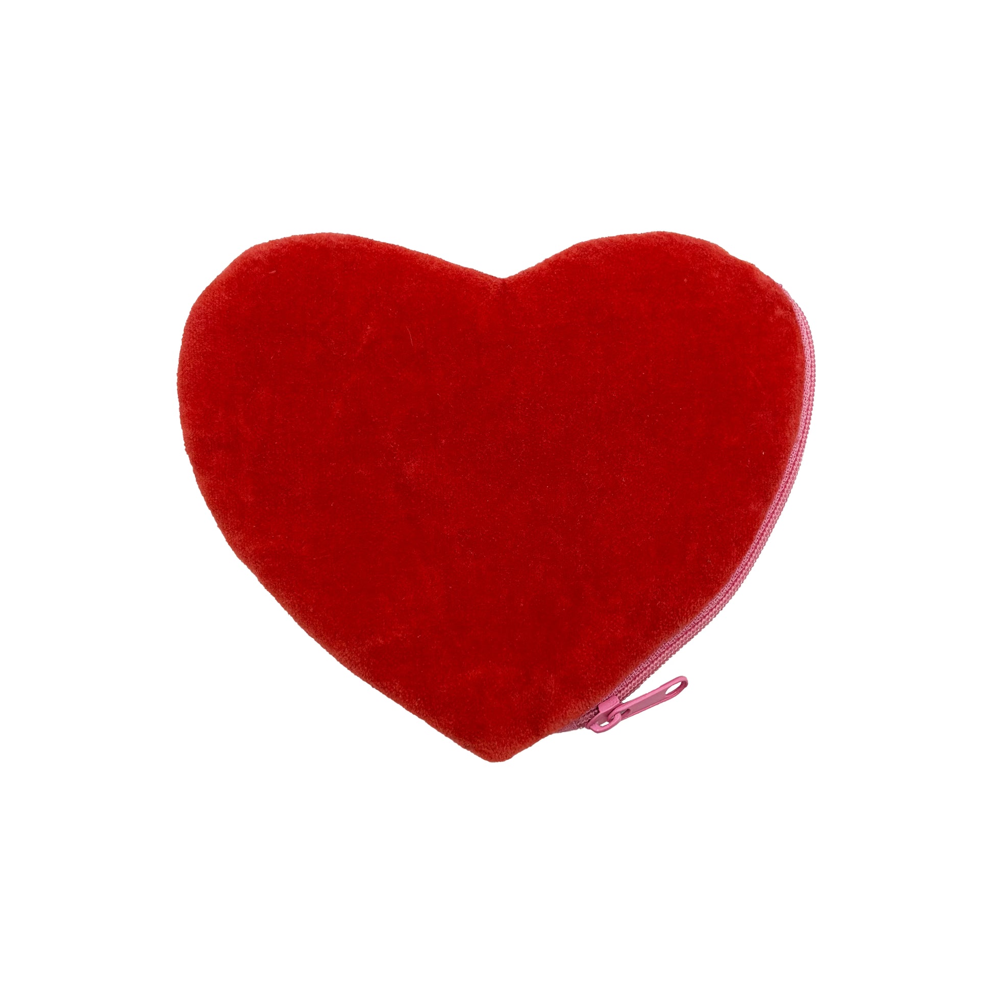 A red, heart-shaped plush pouch with a zip on the right side; this Beatles heart-shaped purse is displayed against a white background.
