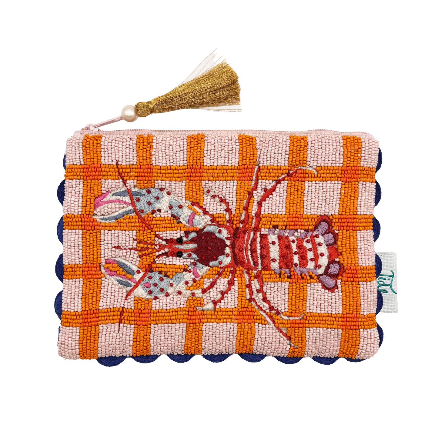 Hand-crafted pouch with an embroidered red lobster on an orange and pink chequered background, navy scalloped edges, and a tassel zip pull—a cheerful vegan-friendly accessory.