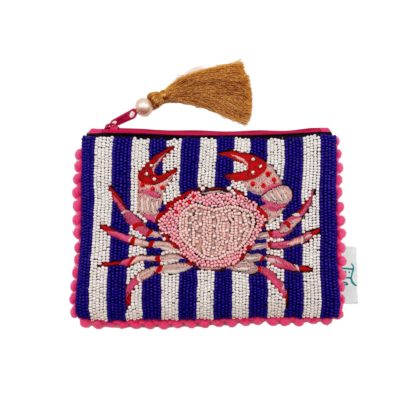 Rectangular nautical striped pouch with a pink crab motif, pink edging, a brown tassel zip pull, and intricate beadwork for a delightful handmade feel.