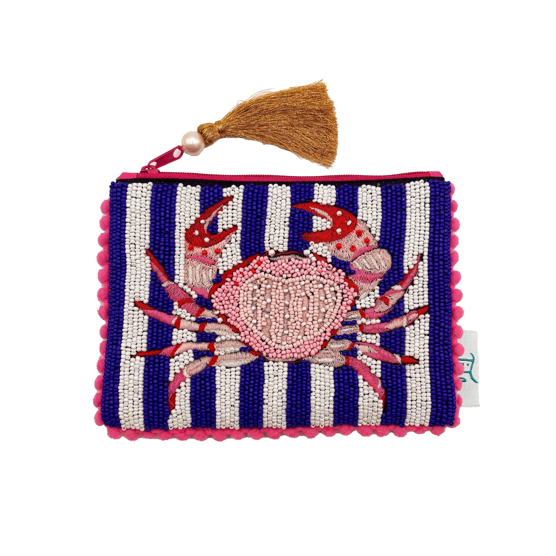 Rectangular nautical striped pouch with a pink crab motif, pink edging, a brown tassel zip pull, and intricate beadwork for a delightful handmade feel.