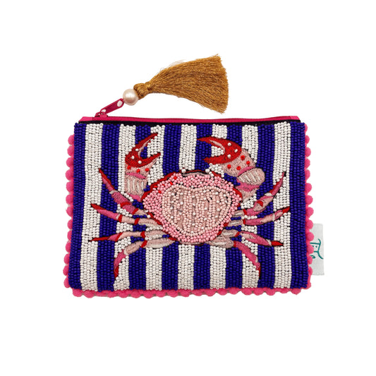 Rectangular nautical striped pouch with a pink crab motif, pink edging, a brown tassel zip pull, and intricate beadwork for a delightful handmade feel.