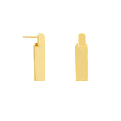 A pair of hypoallergenic gold earrings, featuring rectangular link studs, displayed against a white background—one earring shows the front and the other shows the side with the post visible.