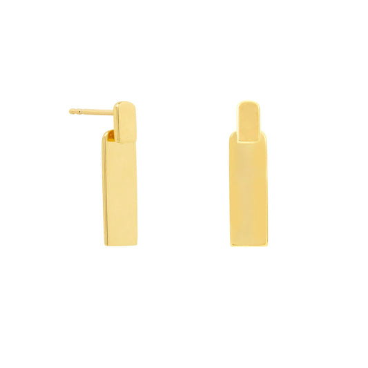 A pair of hypoallergenic gold earrings, featuring rectangular link studs, displayed against a white background—one earring shows the front and the other shows the side with the post visible.