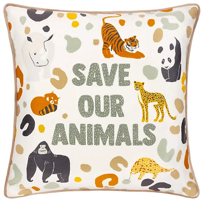 Square animal cushion featuring illustrations of a tiger, panda, gorilla, cheetah, and rhino with “SAVE OUR ANIMALS” in bold letters—a perfect piece of wildlife décor for your space.