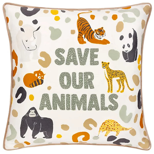 Square animal cushion featuring illustrations of a tiger, panda, gorilla, cheetah, and rhino with “SAVE OUR ANIMALS” in bold letters—a perfect piece of wildlife décor for your space.