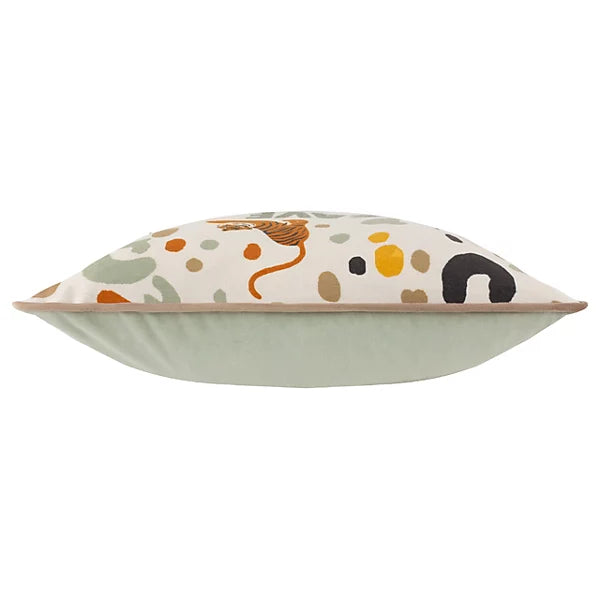 A decorative wildlife cushion with a light green base and white top, adorned with abstract multicoloured shapes and a bold tiger illustration—ideal for introducing distinctive wildlife décor to any room.