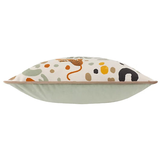 A decorative wildlife cushion with a light green base and white top, adorned with abstract multicoloured shapes and a bold tiger illustration—ideal for introducing distinctive wildlife décor to any room.