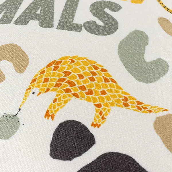 Illustration of a yellow and orange pangolin on a white background with grey and beige abstract shapes, ideal for wildlife décor or as an unusual animal cushion design. Partial text reading ANIMALS appears above it.