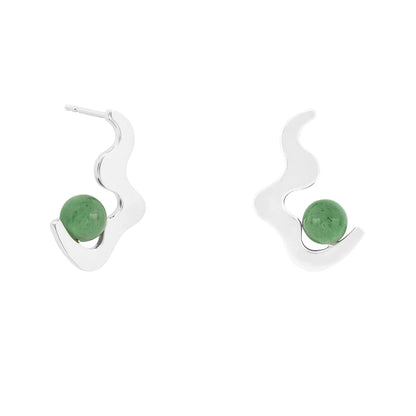 A pair of silver wave drop studs, each showcasing a round green Aventurine stone set within the curve of the design, displayed against a white background.